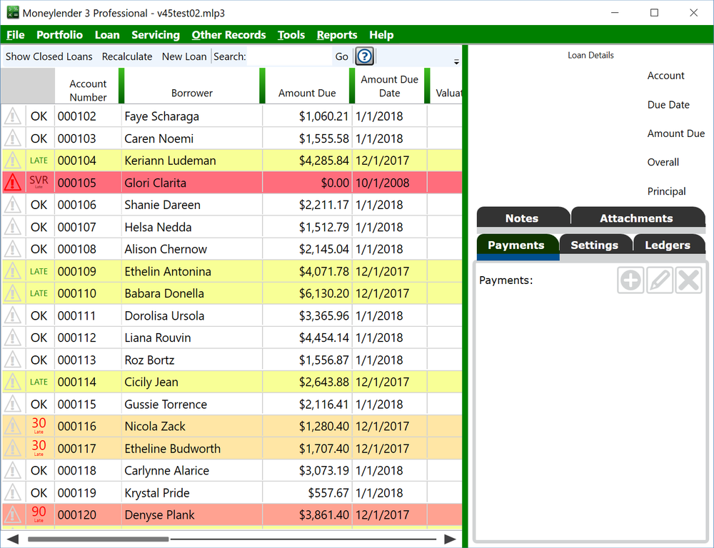 The main window with sample loan data.