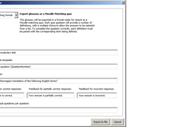 The export window allows selection of the export format and customization of relevant fields