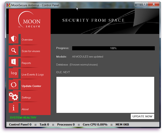 screenshot che mostra l'antivirus moonsecure in esecuzione su Windows