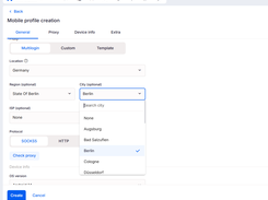 Navigate to the Proxy tab and select Multilogin to access built-in residential proxies across 150+ locations. Narrow by country, region, and city, or leave fields open. SOCKS5 or HTTP pairs automatically, and a Check proxy button confirms the connection.