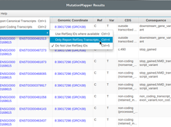 Results are reported in a table format that can be filtered by transcript type