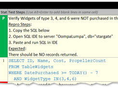 Sample short (<30 lines) SQL embedded in test case for easy copy-paste-execute.  Larger SQL statements get their own worksheet.