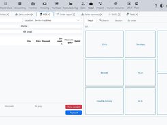 Retail POS cashier screen with barcode entry, receipt lines, payment action and touch product grid