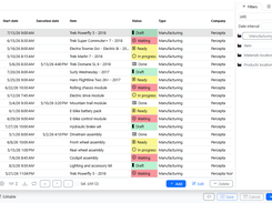 Manufacturing orders list with production statuses, items, start dates and filters
