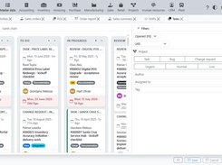 Project management kanban board with backlog, task statuses, assignees, tags and filters