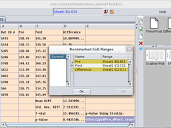 Details of a paired T-test analysis.  A data plot and a difference plot are linked into the results window and custom scripts are shown in the procedures window.