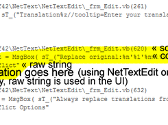 3) Translation file (from template) - note 4-line groups: source location, source context, raw string, and translation