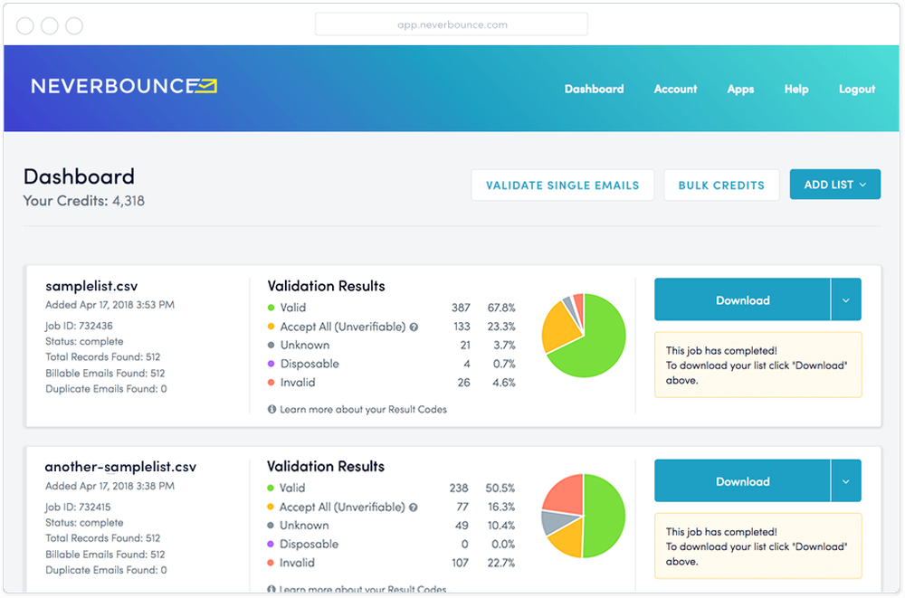 Bulk Email List Verification: NeverBounce can clean any sized list in three simple steps: 1. Upload your existing list. 2. Download your new, clean list. 3. Deliver up to 99.9% of your emails. Guaranteed*