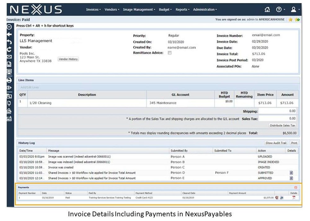 Invoice Details Including Payments in NexusPayables