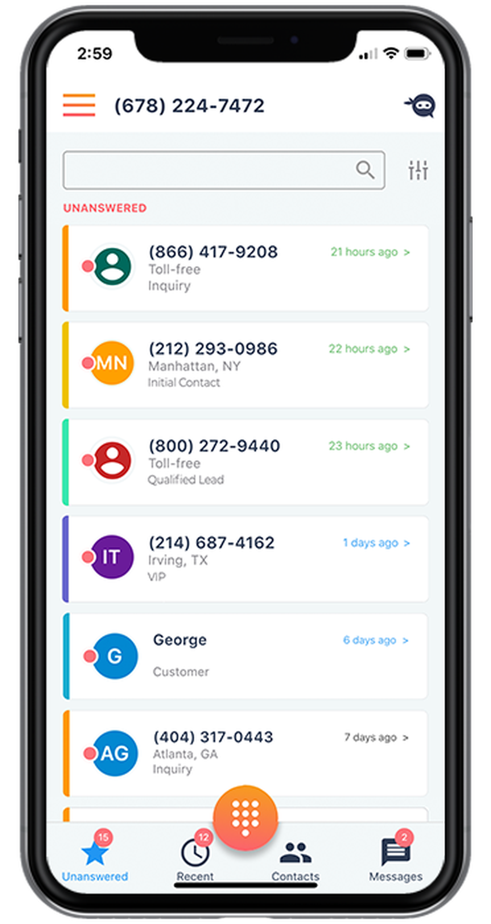 The Ninja Number home screen is designed to show you all of your missed calls and messages on one list so you can keep better track of who you still need to get back to. 