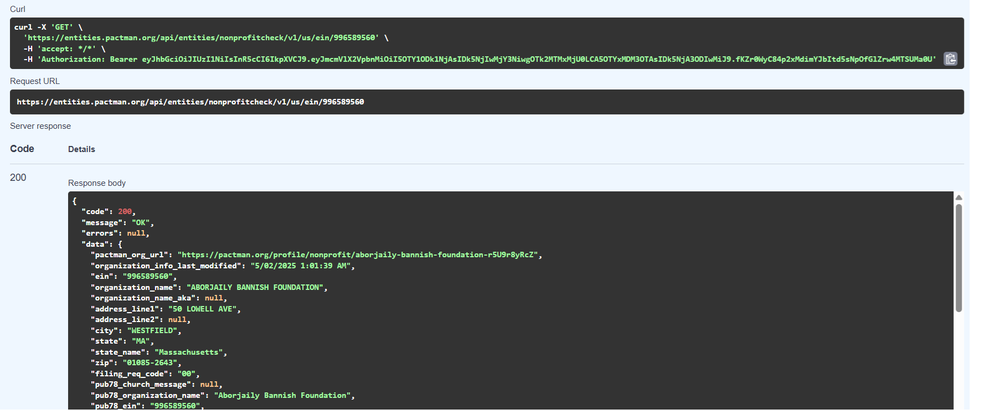API screenshot