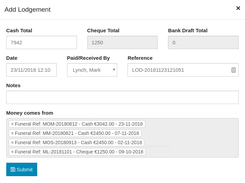 Lodgement for Cashbook