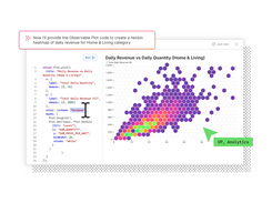 AI is deeply integrated into Observable Canvases, helping streamline analysis work by finding tables, generating charts, and summarizing takeaways. It works directly on the canvas, so you can inspect its reasoning and results, iterate, and refine.