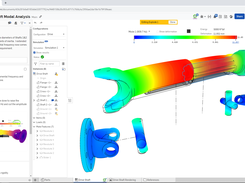 Onshape simulation showing modal analysis with visualization of mode shapes, and excitation energy for individual modes.