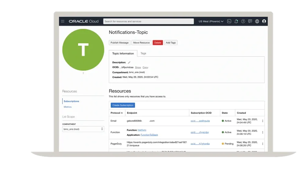 Oracle Cloud Infrastructure Notifications Screenshot 1