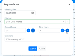 OurGov allows you to log your lobbying hours in the application.