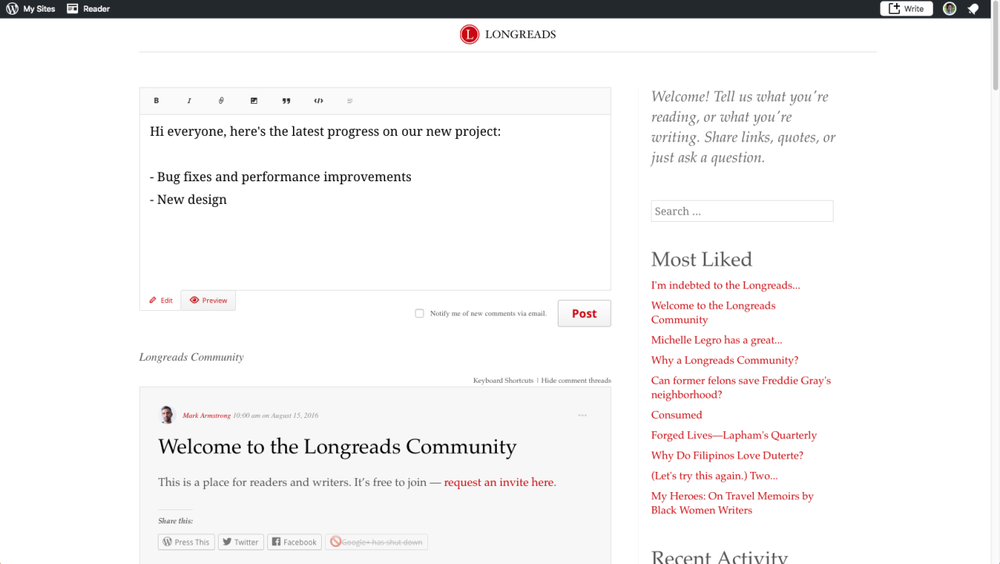 P2 for WordPress Screenshot 1