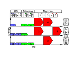 P3BSseq parallel flow-time diagram. Example of processing of the main steps on three CPUs of a methylome split into five files. The numbers denote input files and their corresponding thread indexes. The horizontal block arrows mark the thread of each task, their length; height and color mark the time occupancy of each core for processing each file, the required memory and the step type, respectively.