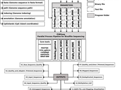 Five folder structure associated to the use of P3BSseq. The REFERENCE GENOME folder hosts the different reference genomes, their annotation and indexing. Once a reference genome has been downloaded and indexed, further processing is not necessary. INPUT FILES folder hosts the raw reads in fastq format of each methylomics sample to be processed. P3BSseq folder hosts the P3BSseq software. OUTPUT folder hosts the output subfolders and files associated with each methylomics sample processed. The names of the five main folders can be changed by the user. To allow the executable files of P3BSseq to find them, the names of the five main folders have to be provided in the parameter files of the PARAMETER folder. The legend to the right shows the types of folders and files.