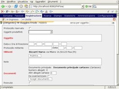 Maschera di registrazione di un documento in arrivo