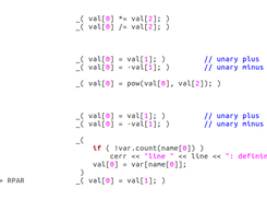 Partial view of a grammar with embedded actions