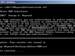 The console output from a successful run of the Penobscot River RKM Calculator