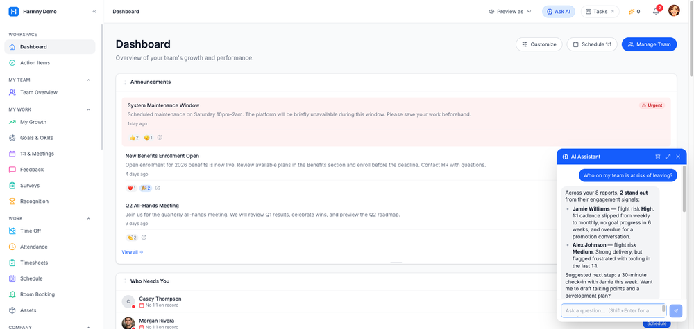 Team dashboard with Org Brain AI answering flight-risk questions in plain language