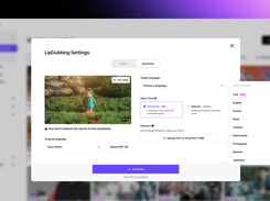 Configure dubbing — select target language from 33+ options, choose Emotional or Natural voice tone, and apply custom glossary for translation accuracy.