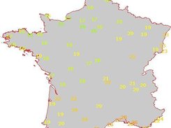 Map for France showing the current temperature