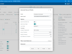 Configuring Inventory Count Sheets: This screen allows users to define count sheet configurations, such as filtering by specific bins, blocking bins from the count, and assigning tracking information. These options help streamline physical count workflows while maintaining data integrity.