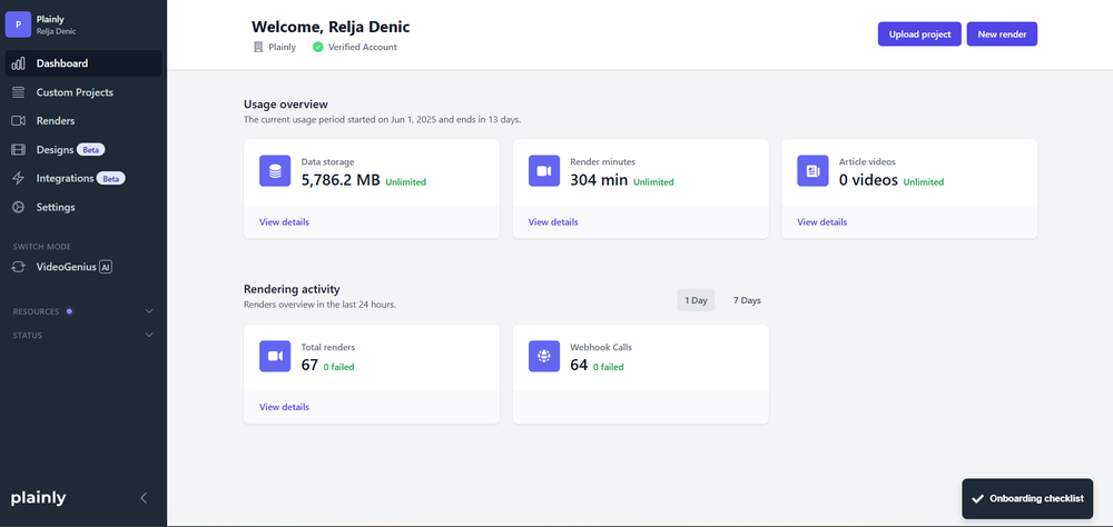 Plainly Videos Dashboard