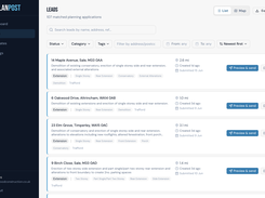 Matched planning-application leads, filtered by status, category and area