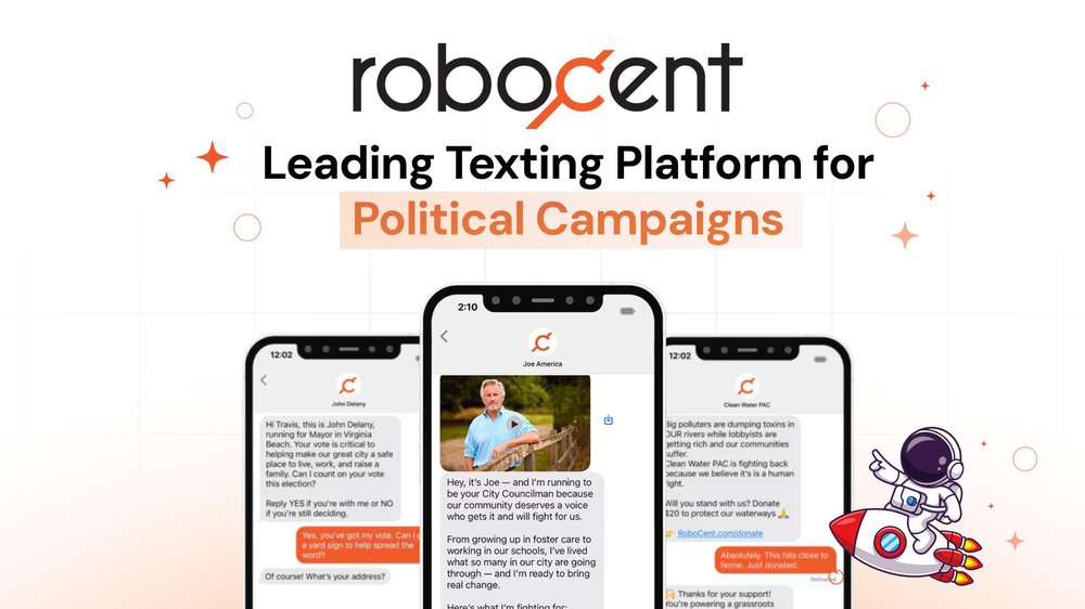 A smartphone screen showing personalized peer-to-peer political text conversations with images, videos, and donation links sent to voters.