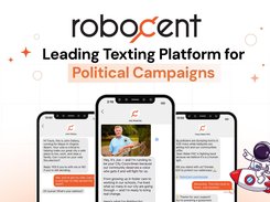 A smartphone screen showing personalized peer-to-peer political text conversations with images, videos, and donation links sent to voters.
