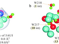 Two views of cavity with bound-waters of 5AUI (a and b). In left-side, the cavity of the protein is shown with the soft-accessible surface, which is removed in the right-side for better visibility and identification of bound-waters. 