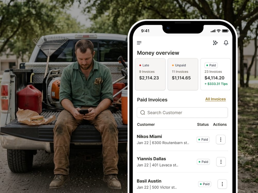 Invoicing & Payments: Create the invoice. Text it. Get paid. Before you've even left the driveway.