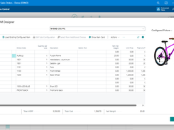 Product Configurator in Dynamics 365 Business Central features a BOM Designer that allows users to visually customize and configure complex products, showing real-time updates and options such as color, components, and accessories.