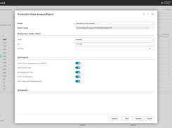 The app’s report configuration screen allows users to select which cost elements to display in the production analysis report, such as units, actual costs, and variances. This customization helps users generate reports that focus on the most relevant data for their analysis, enhancing the clarity and relevance of the insights provided.