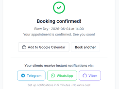 Instant booking confirmation screen shown to the client after they book online. Includes one-click setup for free automatic reminders via Telegram, WhatsApp and Viber — no extra cost, no per-message fees.