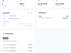 Client profile card showing full visit history, total spend, last visit date, and loyalty points balance — everything staff need to know about a client in one screen.