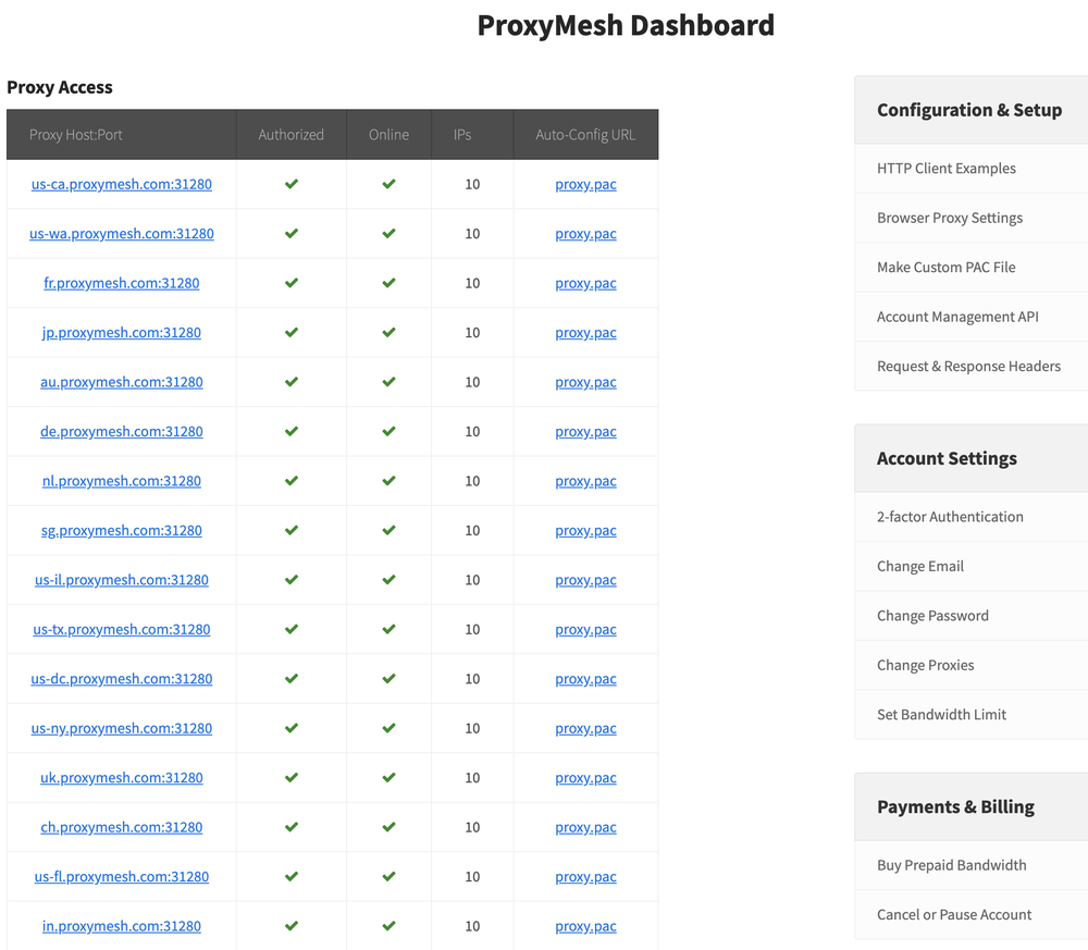 ProxyMesh Account Dashboard
