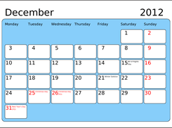 Calendar page for December 2012, using Bitstream Vera fonts.