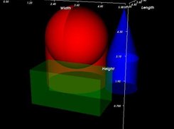 Multiple shapes: a box, sphere, cone, and cylinders