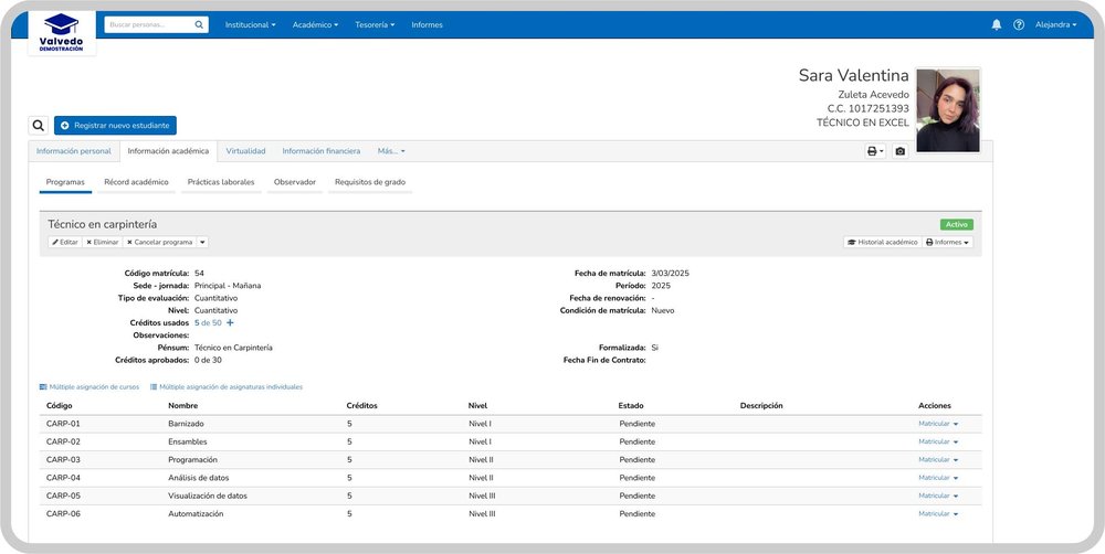 Academic credit management by program — track credits used and approved per student, view subject status by level, and enroll students individually or in bulk directly from the academic profile.