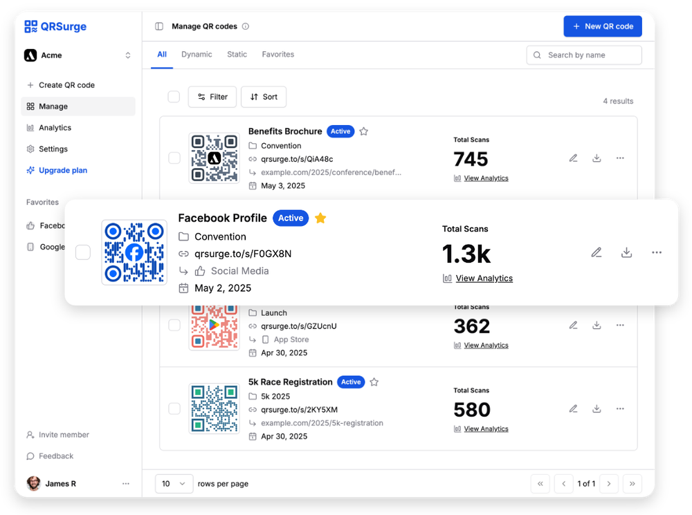 QR code management dashboard