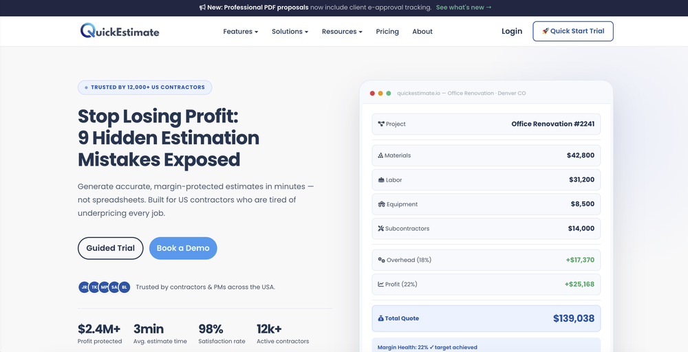 QuickEstimate helps contractors create accurate, margin-protected estimates with automated overhead, profit tracking, and professional proposal generation — all in one streamlined workflow.