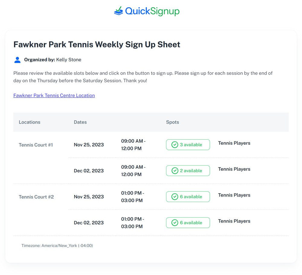 Signup Sheet Display