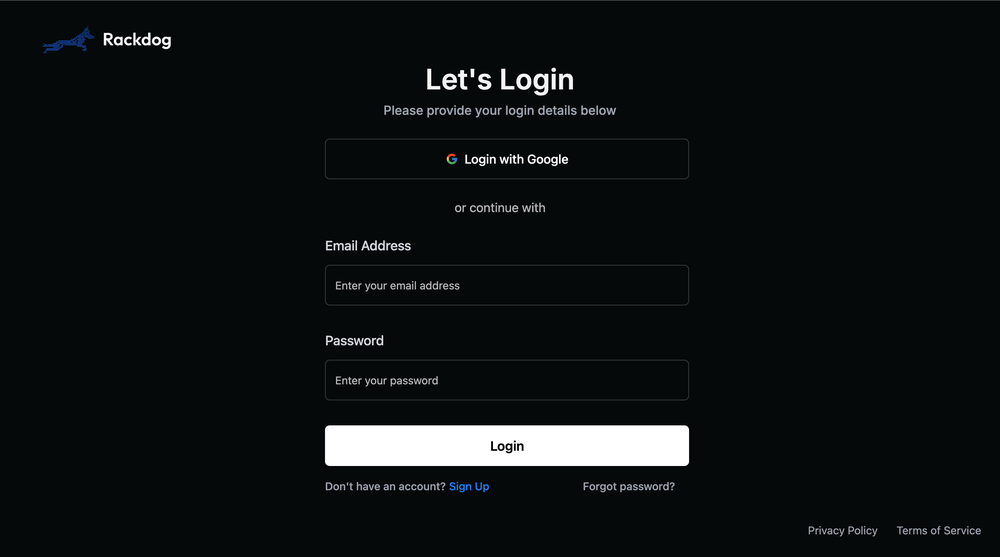 Rackdog customer dashboard login