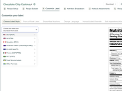 Users select their required regulatory format from a list that includes the USA (FDA), Canada (CFIA), UK (FSA), EU (DG SANTE), Mexico (COFEPRIS), Australia & New Zealand (FSANZ), and the GCC (GSO). This ensures the resulting label design meets specific international requirements.