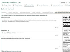 The Edit Ingredients/Allergens List feature allows for manual review and adjustment of the automatically generated ingredient statement. The system displays automatically identified allergens (e.g., Wheat, Milk, Eggs), and users can manually select or add essential "May Contain Statements" to ensure complete consumer safety information.